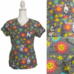 Disney Aristocats Marie Floral Cat Print Nursing Medical Scrub Top Women’s Small